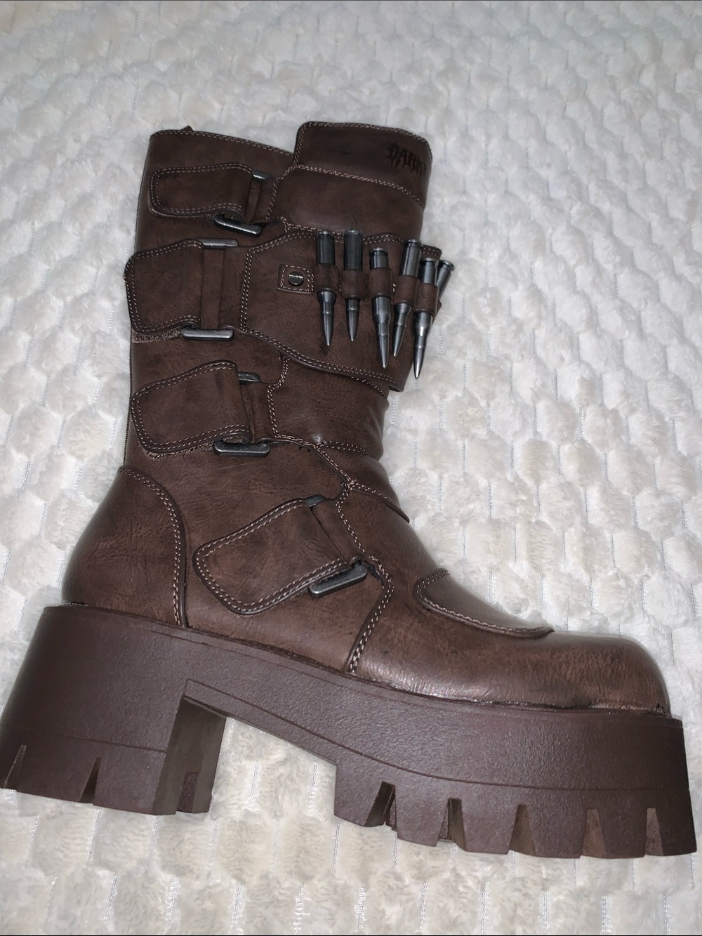 Dolls Kill Darker Wavs Brown Warp Bullet Combat Boots, Size 8, NWOB - Picture 2 of 7